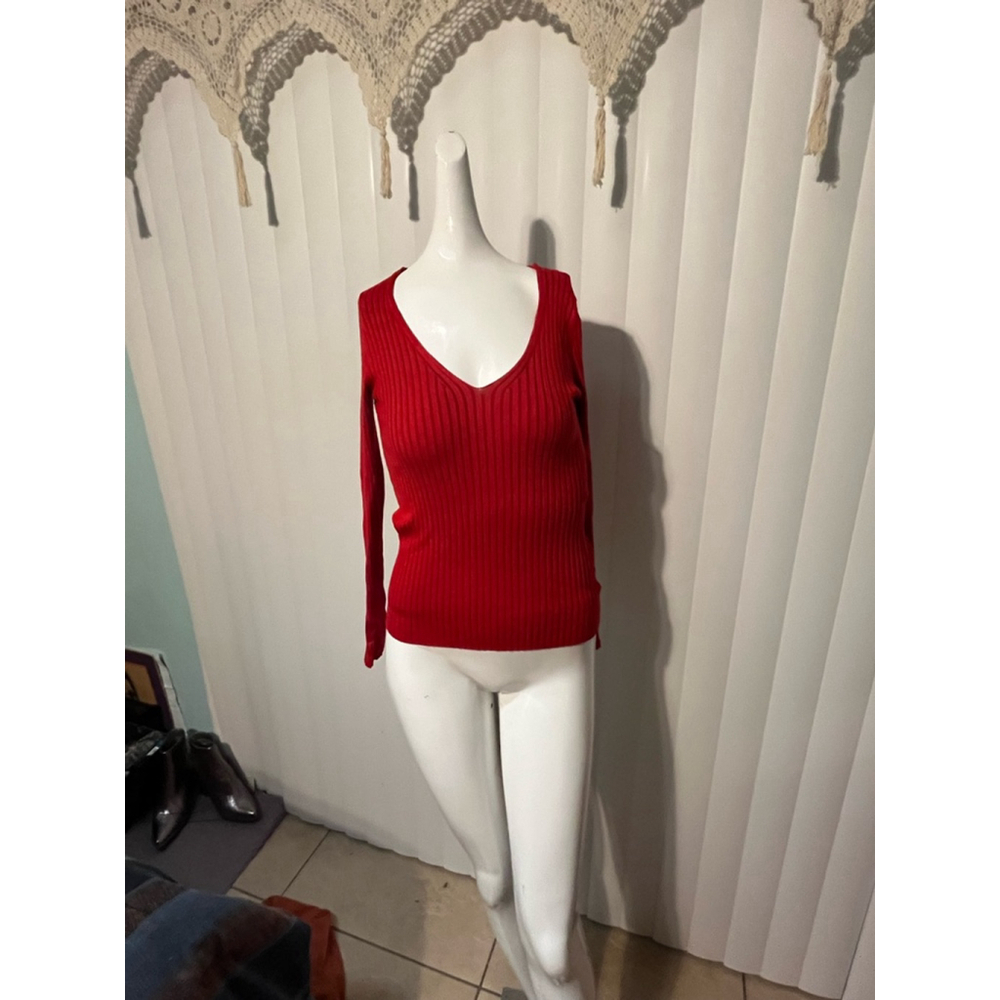 Women's Express Red Ribbed V-Neck Long Sleeve Top Size M